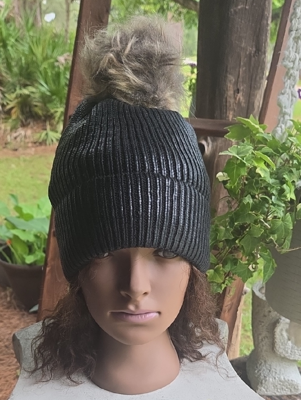 Scoop Black Knit Beanie Hat With Faux Fur Pom Pom Topper
